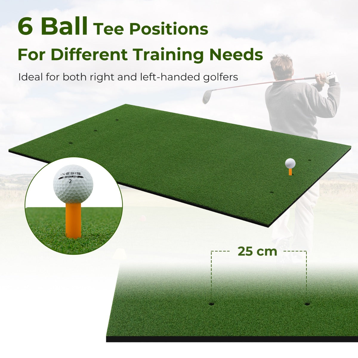 Artificial Turf Mat for Indoor and Outdoor Golf Practice Includes 2 Rubber Tees and 2 Alignment Sticks-25mm