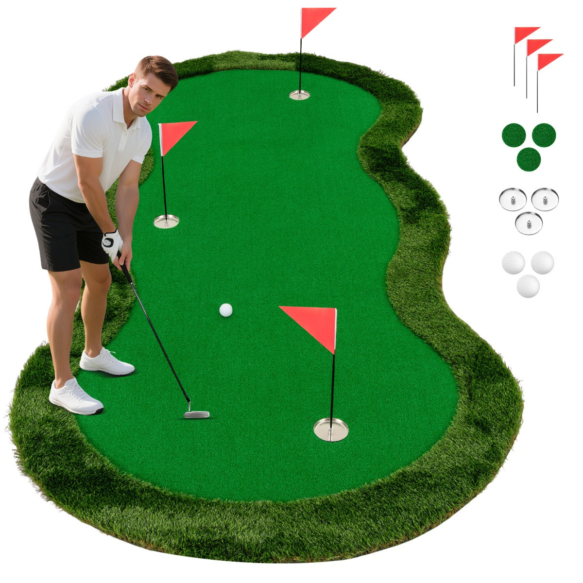 5 x 10 FT Professional Golf Practice Mat with 3 Holes and Golf Balls for Home