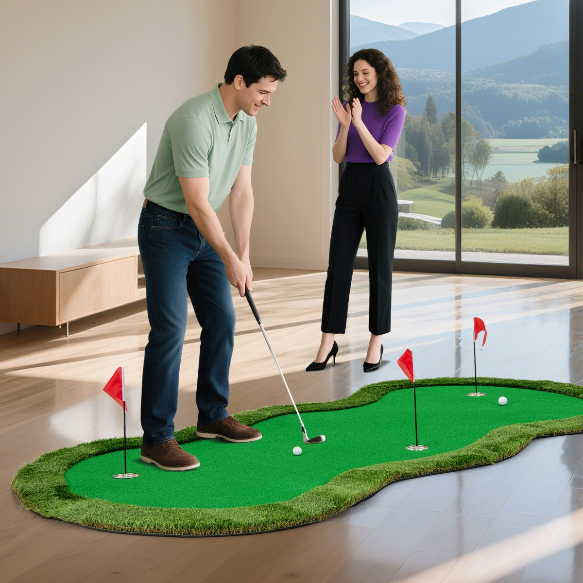 5 x 10 FT Professional Golf Practice Mat with 3 Holes and Golf Balls for Home