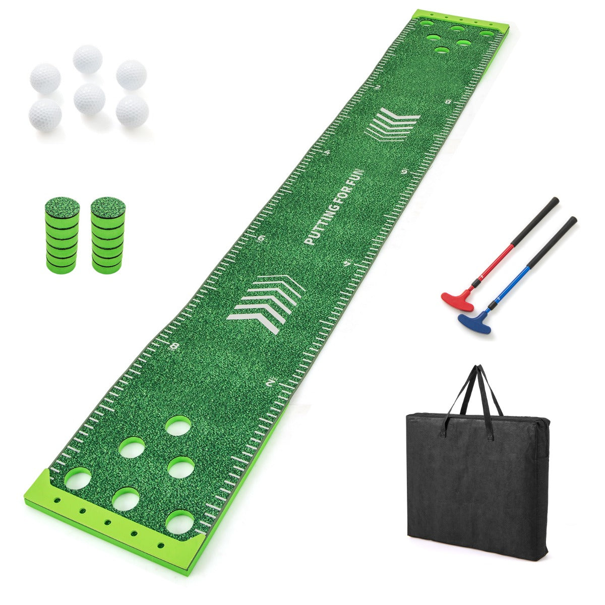11 FT Putting Green Mat with 2 Adjustable Putters 6 Balls and 12 Hole Covers for Party
