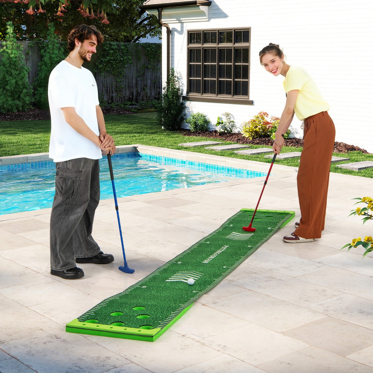 11 FT Putting Green Mat with 2 Adjustable Putters 6 Balls and 12 Hole Covers for Party