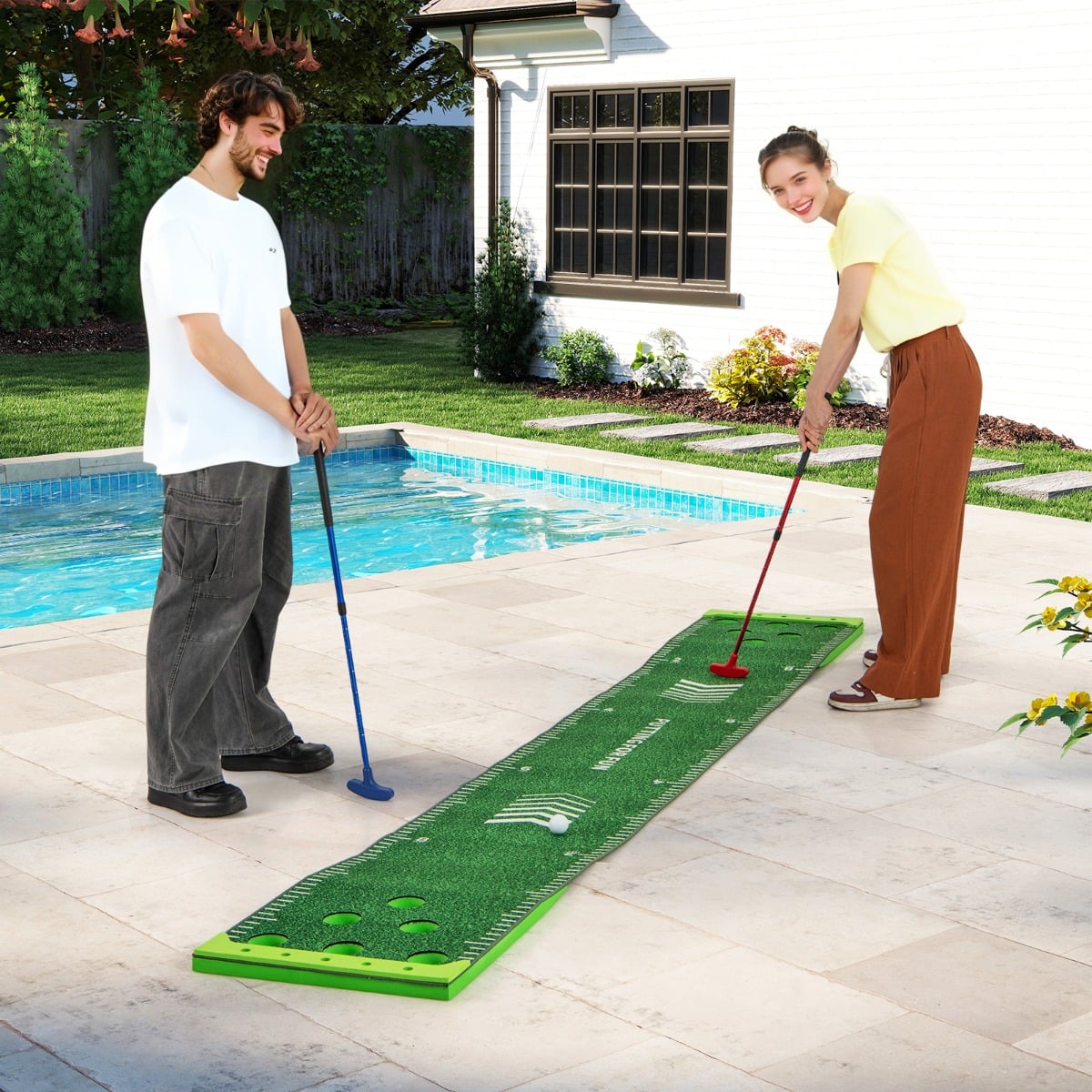 11 FT Putting Green Mat with 2 Adjustable Putters 6 Balls and 12 Hole Covers for Party