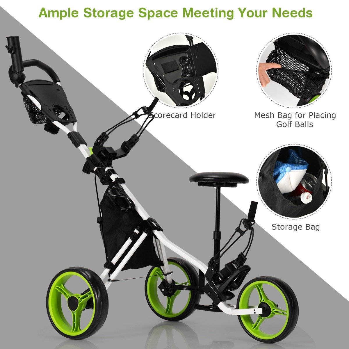 Golf Push Pull Cart with Storage Bag and Foot Brake-Green