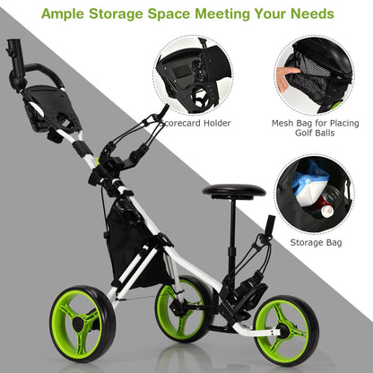 Golf Push Pull Cart with Storage Bag and Foot Brake-Green