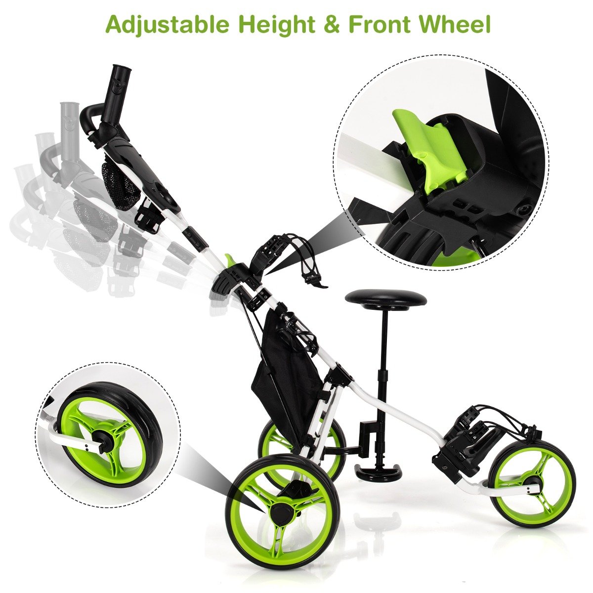 Golf Push Pull Cart with Storage Bag and Foot Brake-Green