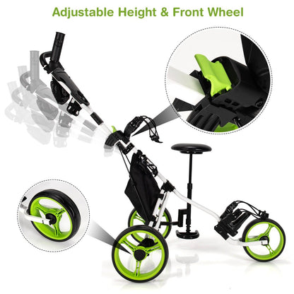 Golf Push Pull Cart with Storage Bag and Foot Brake-Green