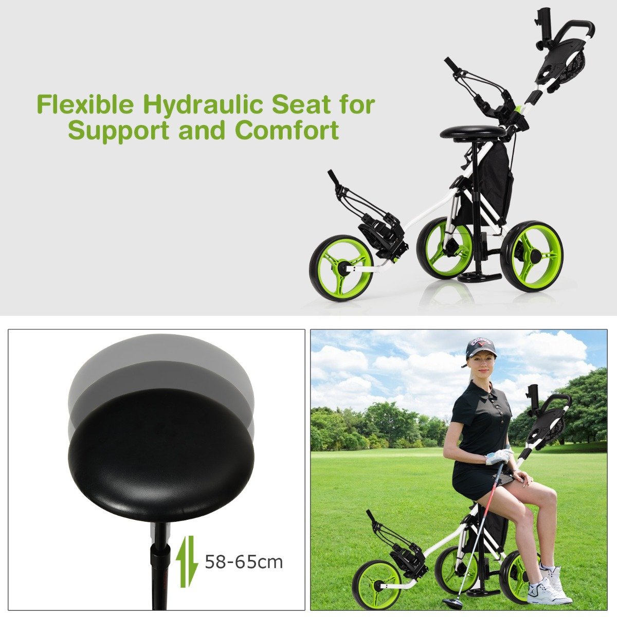 Golf Push Pull Cart with Storage Bag and Foot Brake-Green