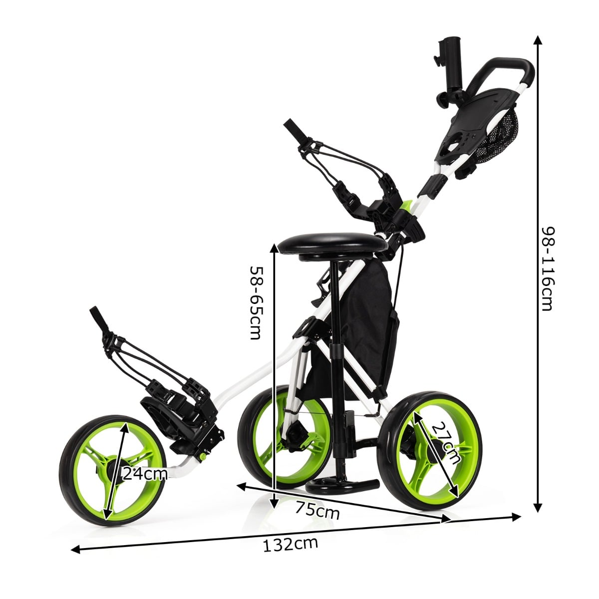 Golf Push Pull Cart with Storage Bag and Foot Brake-Green