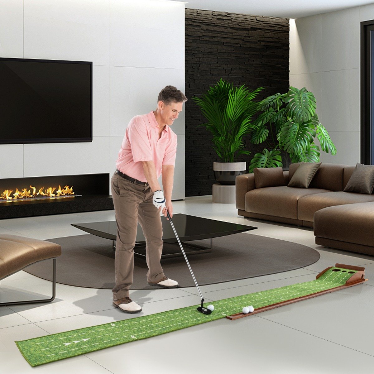 Golf Putting Practice Mat with Auto Ball Return for Home and Office-3 Holes