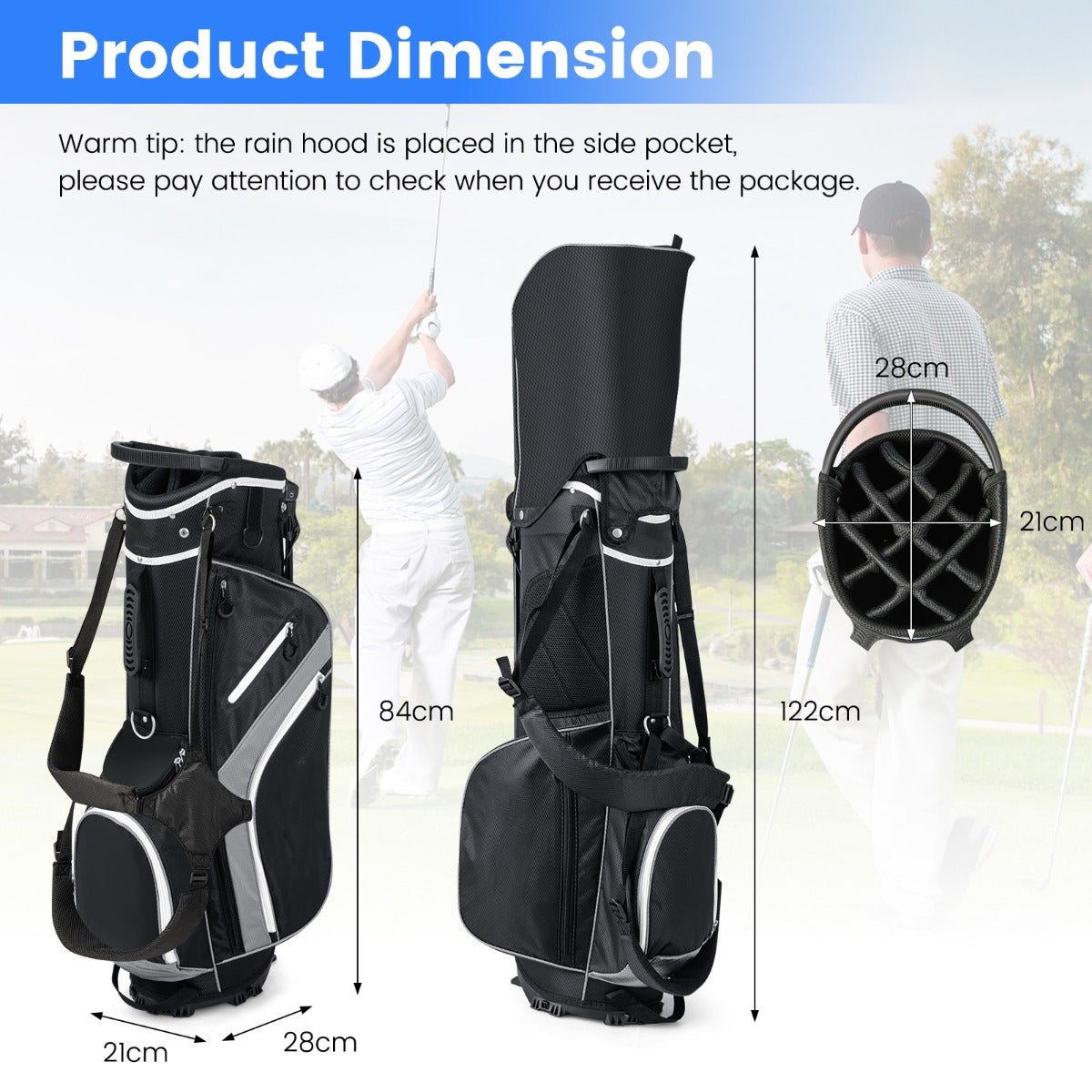 Golf Stand Bag wIth 14 Way Top Dividers 6 Pockets Cooler Bag Dual Strap and Rain Hood-Grey
