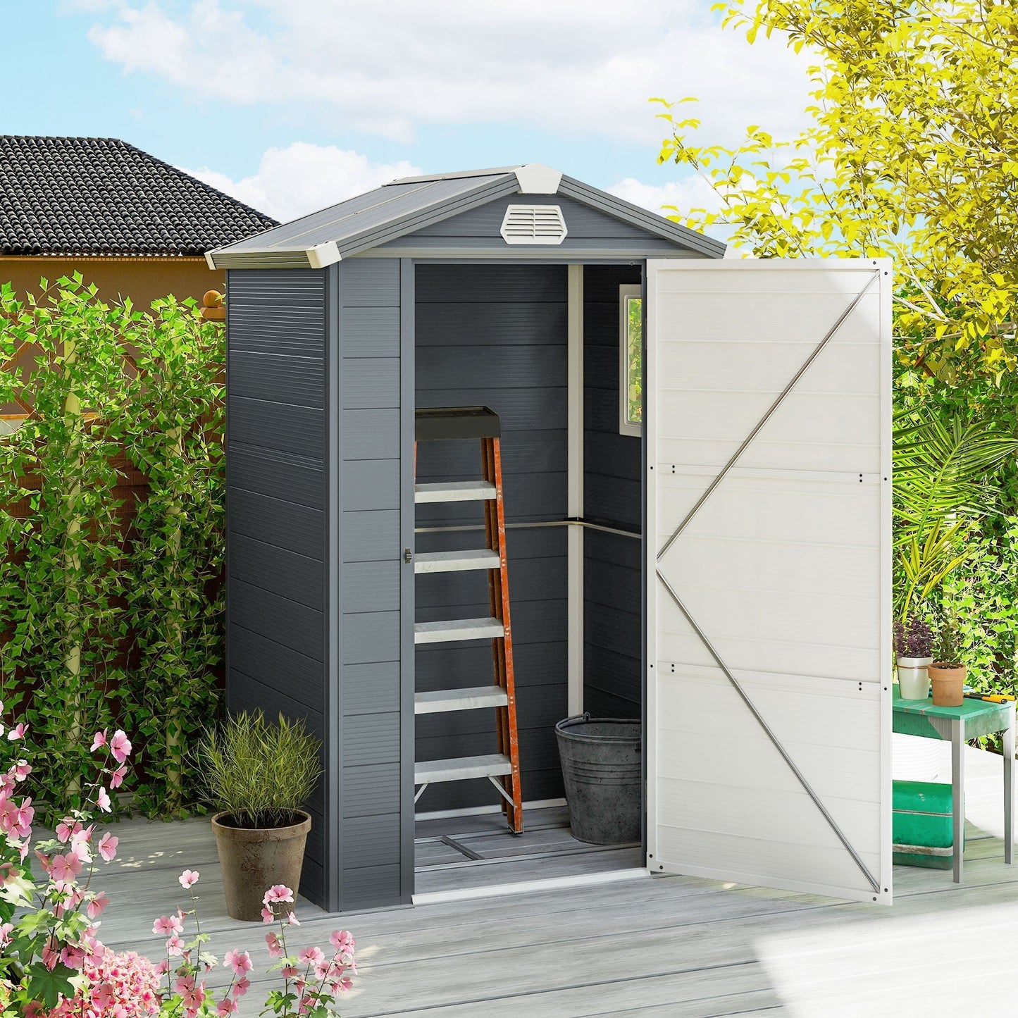 Outsunny 4.4ft x 3.3ft size Aluminium Frame and Plastic Wall Shed, with Foundation - Grey