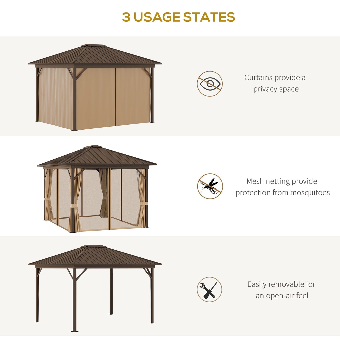 Outsunny 3 x 3.6m Outdoor Hardtop Gazebo Metal Roof Patio Gazebo with Aluminium Frame, Mesh Nettings, Curtains, & Roomy Interior Space, Brown