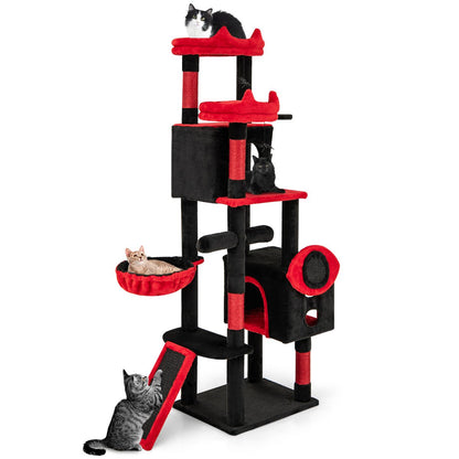 Gothic Cat Tree for Indoor Cats with 2 Cat Condos and 2 Plush Perches-Red