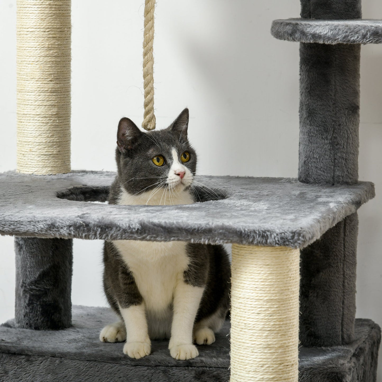 PawHut 184cm Cat Tree for Indoor Cats, Multi-level Kitten Climbing Tower with Scratching Posts, Cat Bed, Condo, Perches, Hanging Play Rope, Grey