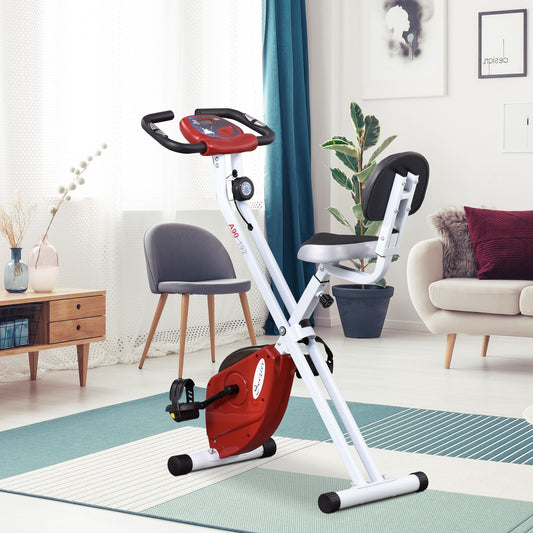 HOMCOM Folding Exercise Bike, Fitness Bicycle Indoor Trainer, 8-Level Magnetic Resistance Adjustable, with LCD Monitor, Pulse Sensor, Red