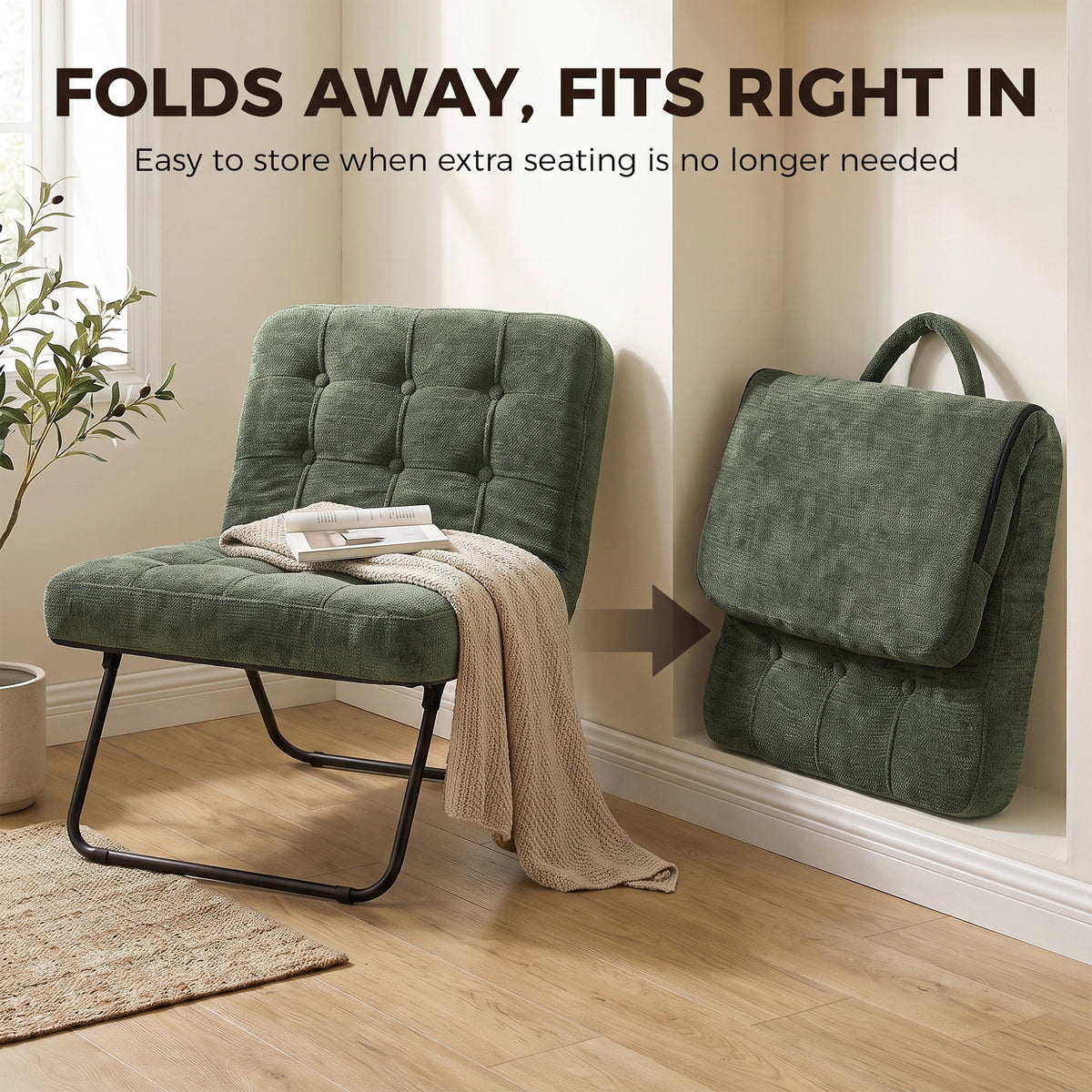 HOMCOM Modern Accent Chair, Foldable Chenille Upholstered Lounge Chair with Backrest, Wide Seat, Light Green