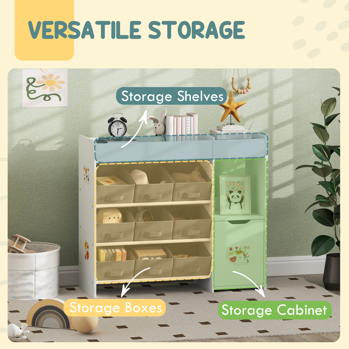 AIYAPLAY Kids Toy Storage, 9 Removable Fabric Bins, Wooden Toy Storage Units for Toys and Books for Bedroom, Nursery, White