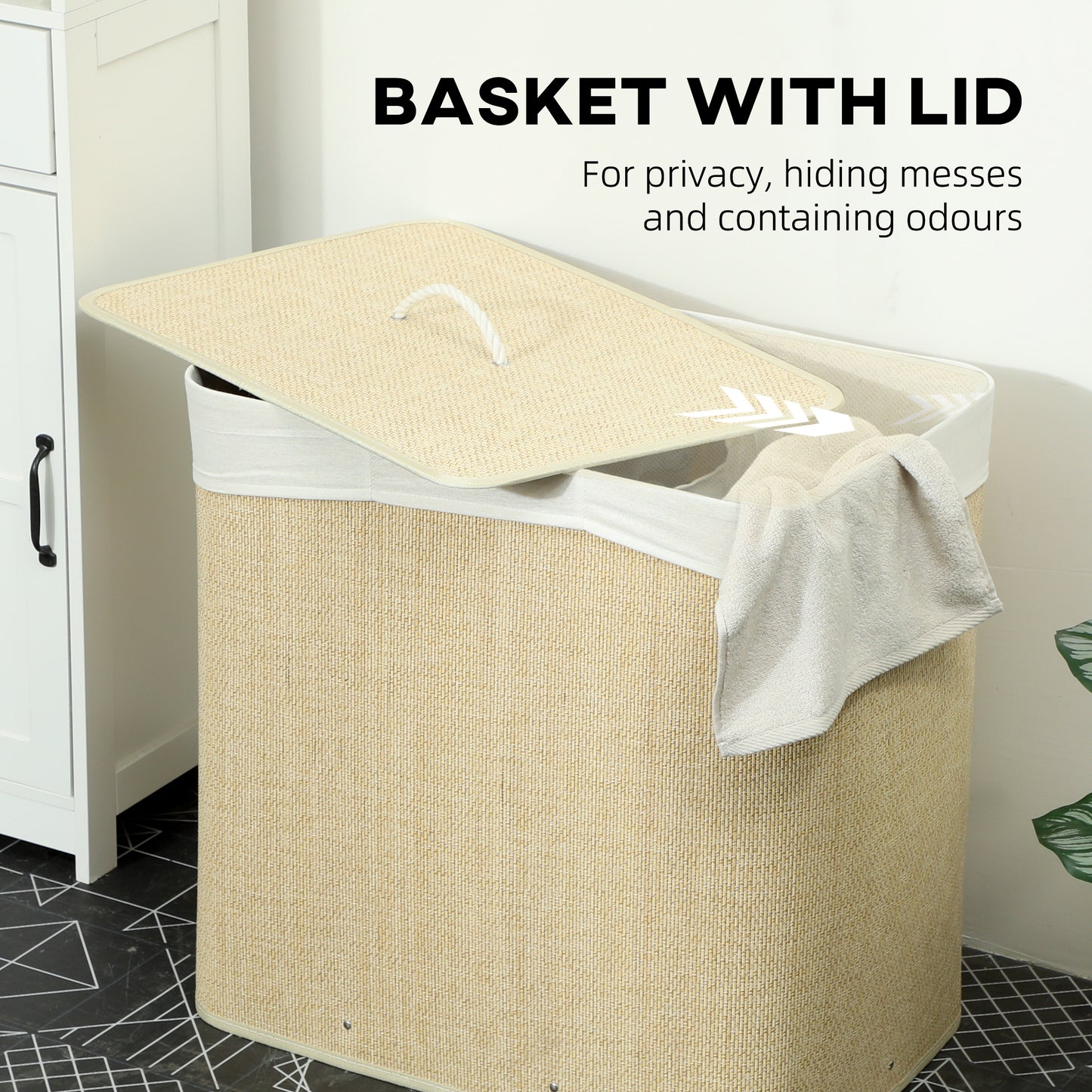 HOMCOM 3 Section Laundry Basket with Lid, 144L Bamboo Laundry Hamper with Handles, Removable and Washable Liner, Cream White