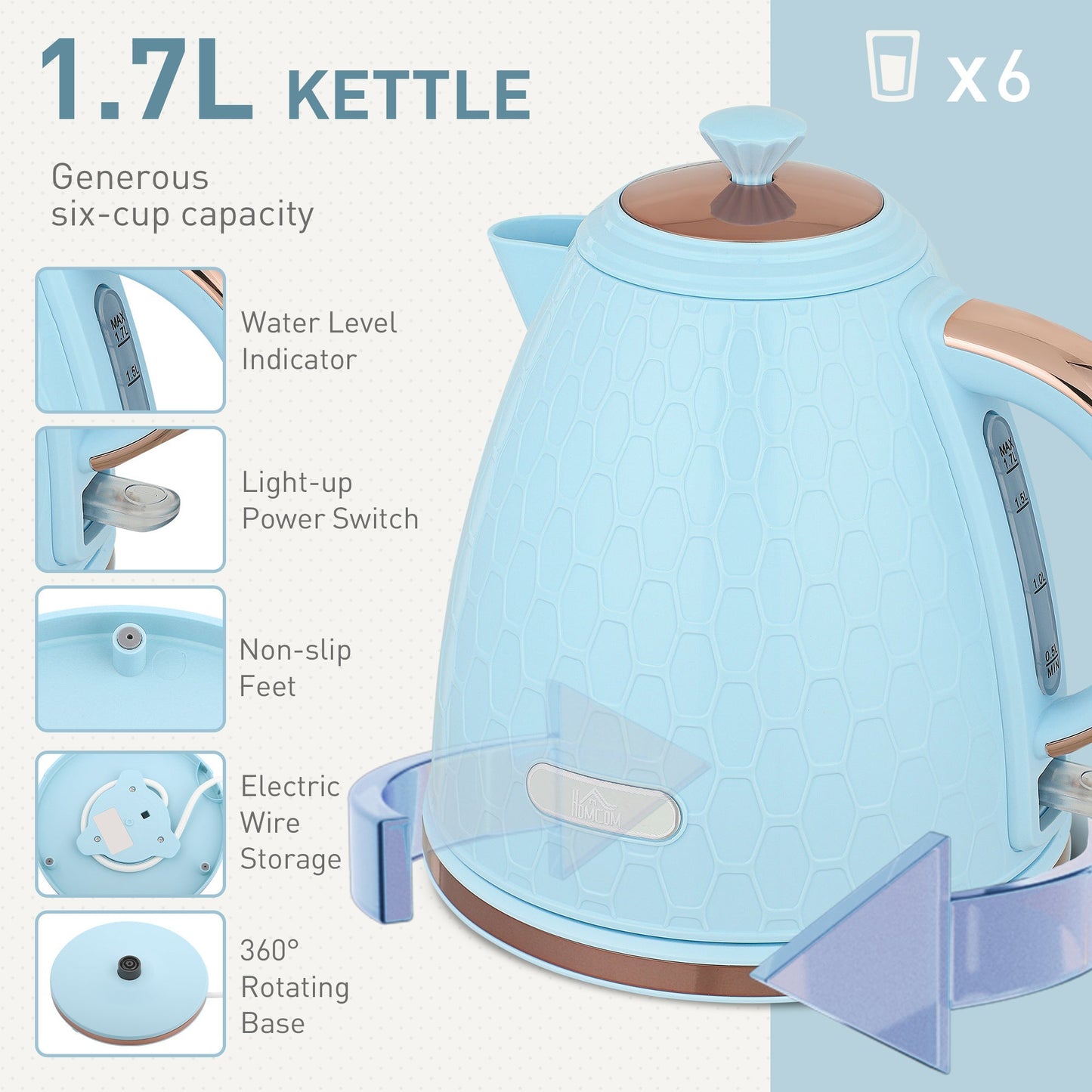 HOMCOM Kettle and Toaster Set, 1.7L 3000W Fast Boil Jug Kettle, 4 Slice Toaster with 7 Level Browning Controls, Light Blue