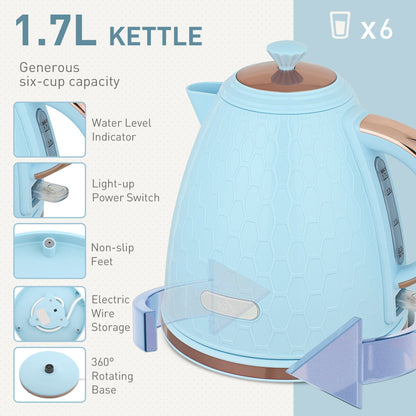 HOMCOM Kettle and Toaster Set, 1.7L 3000W Fast Boil Jug Kettle, 4 Slice Toaster with 7 Level Browning Controls, Light Blue