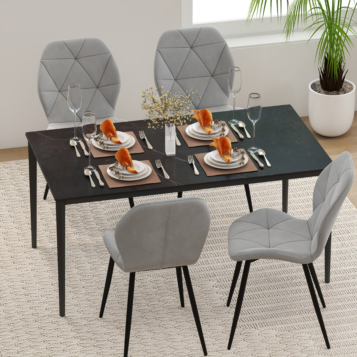 Upholstered Dining Chair Set of 4 with Ergonomic Backrest and Curved Seat-Grey