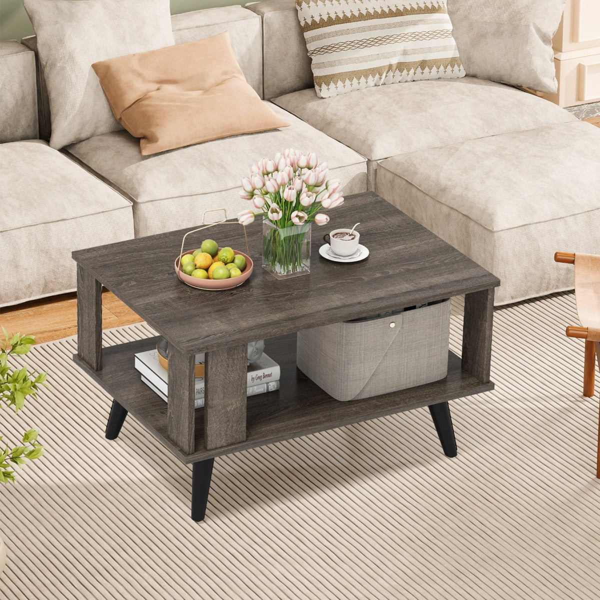 Wooden Industrial Coffee Table with Storage Shelf for Home Office-Grey