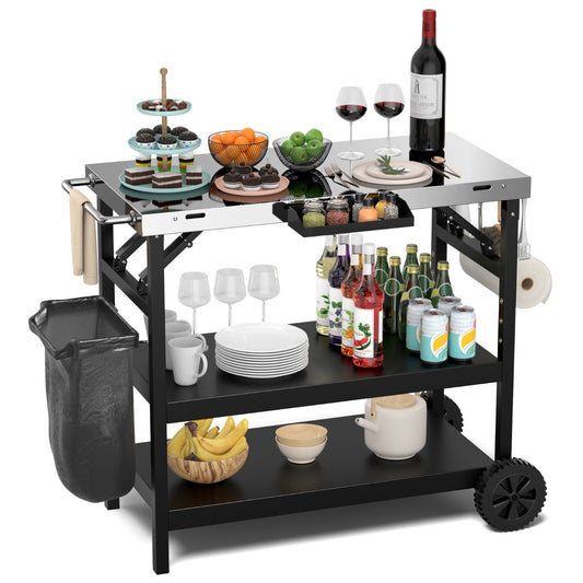 3-tier Mobile Food Prep Cart with Adjustable Shelf