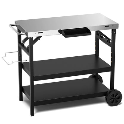 3-tier Mobile Food Prep Cart with Adjustable Shelf