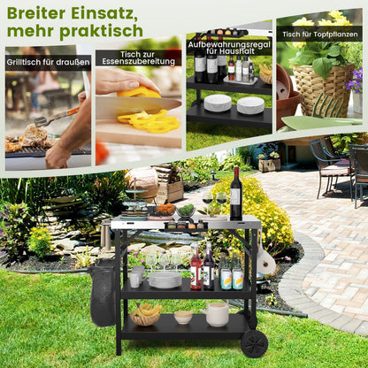 3-tier Mobile Food Prep Cart with Adjustable Shelf