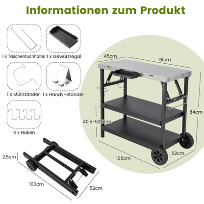 3-tier Mobile Food Prep Cart with Adjustable Shelf