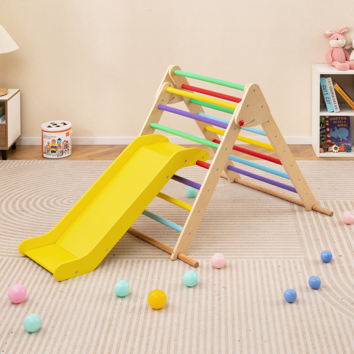 Pikler Triangle Set Foldable Triangle Climber with Slide-Colourful