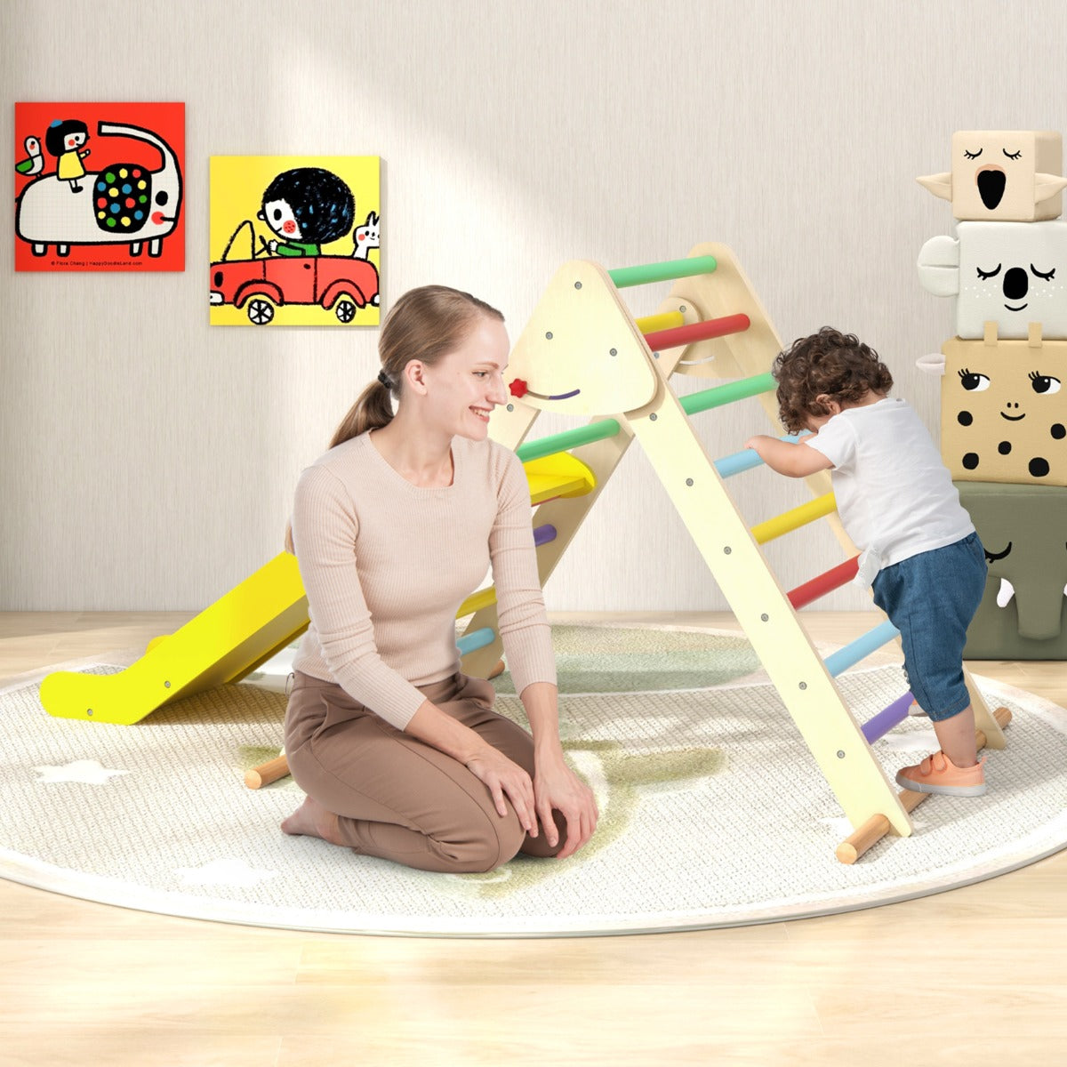 Pikler Triangle Set Foldable Triangle Climber with Slide-Colourful
