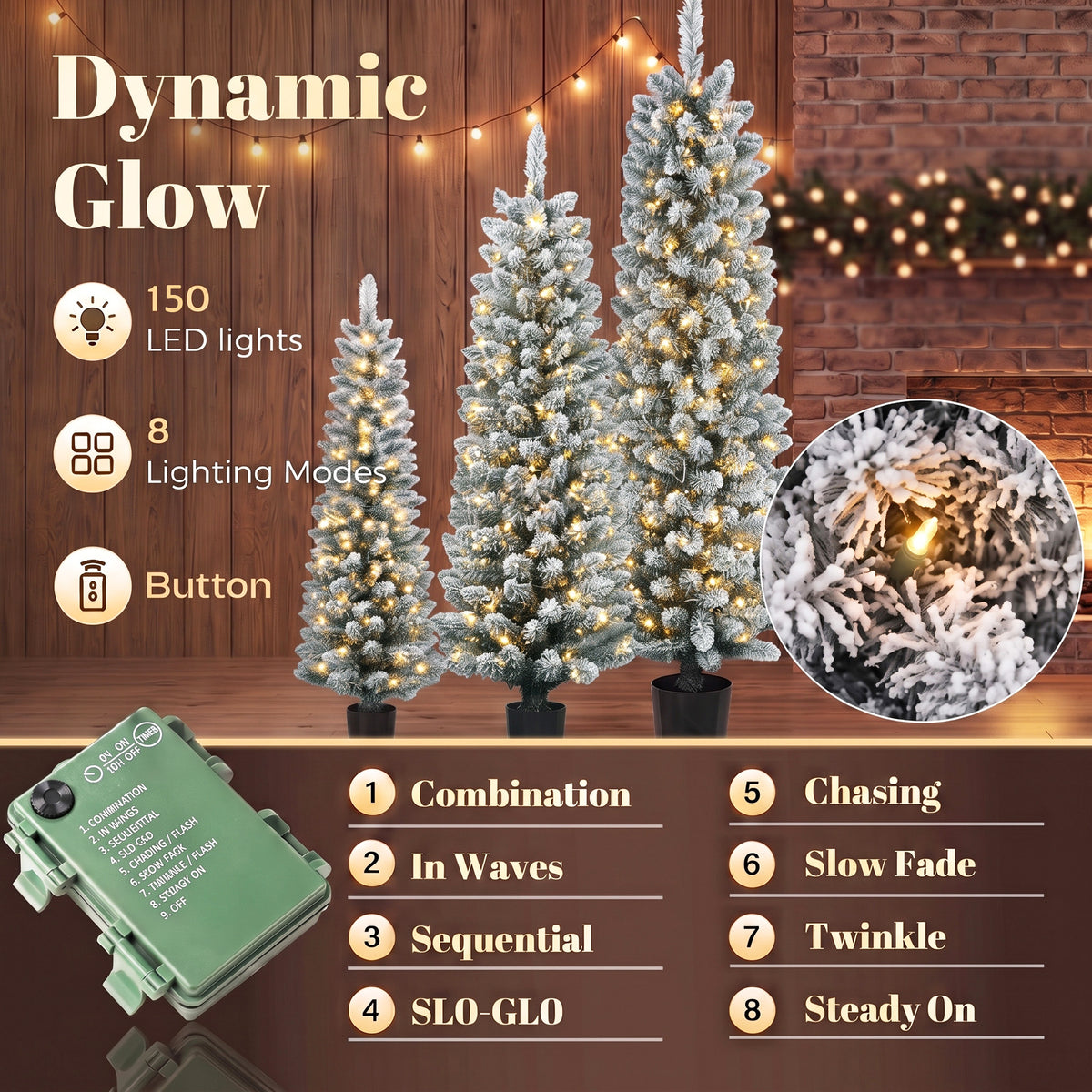 HOMCOM Prelit Snowy Flocked Artificial Christmas Tree Set of 3, Slim Xmas Tree with PVC Tips, 3FT+4FT+5FT