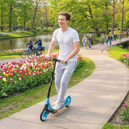HOMCOM One-click Folding Kick Scooter for 14+ w/ Adjustable Handlebar, Push Scooter with Kickstand, Dual Brake System, Blue