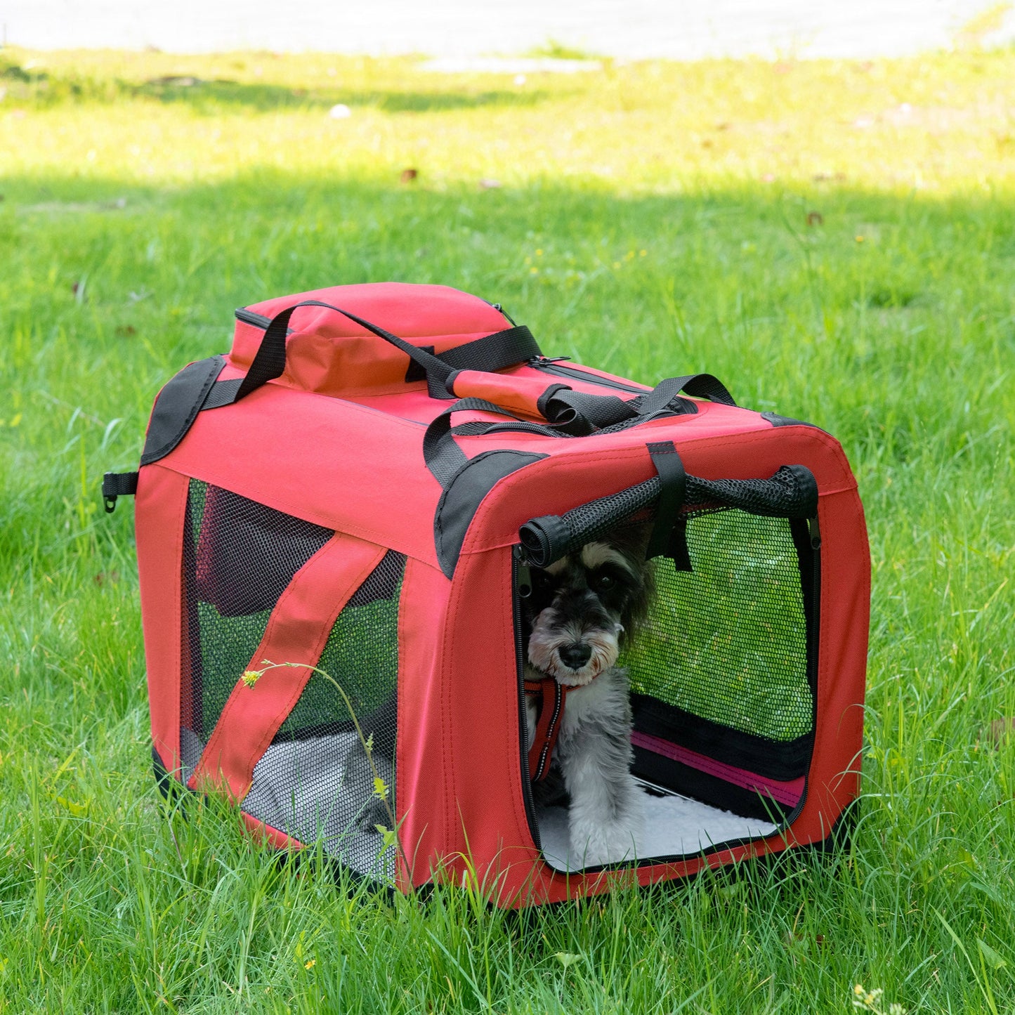 PawHut Foldable Pet Carrier for Small and Miniature Dogs, Portable Cat Carrier Soft Side Pet Travel Crate with Removable Mat, Storage Bags, Breathable Mesh Window 60 x 42 x 42cm - Red