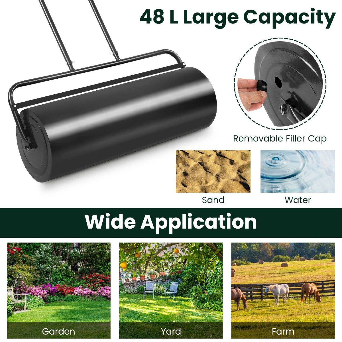 48 L Lawn Roller Steel Lawn Rolling Machine-Black