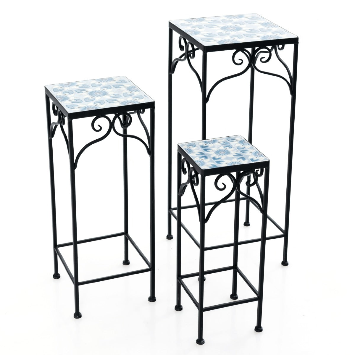 Metal Plant Stand Set of 3 with Mosaic Tile-Blue