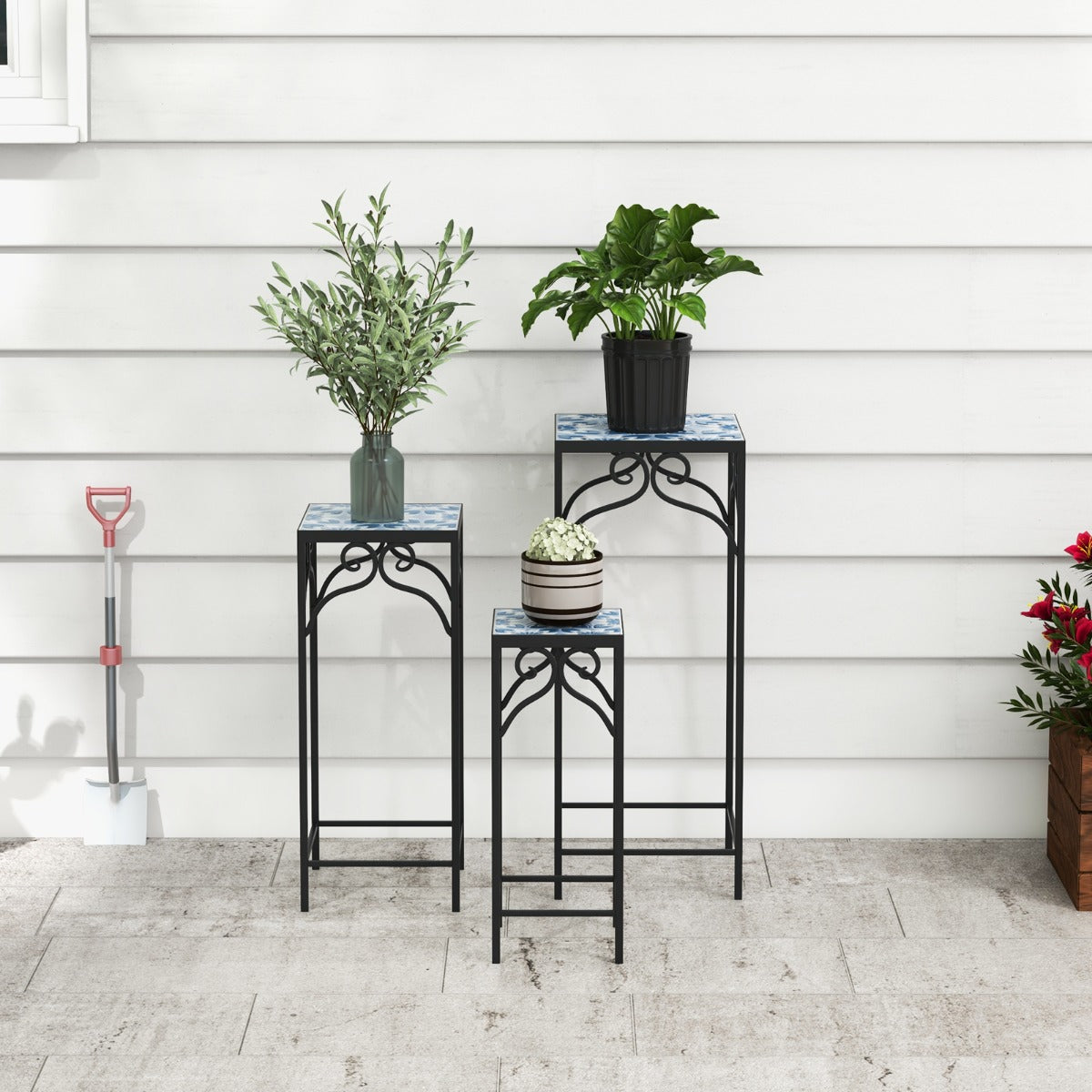 Metal Plant Stand Set of 3 with Mosaic Tile-Blue