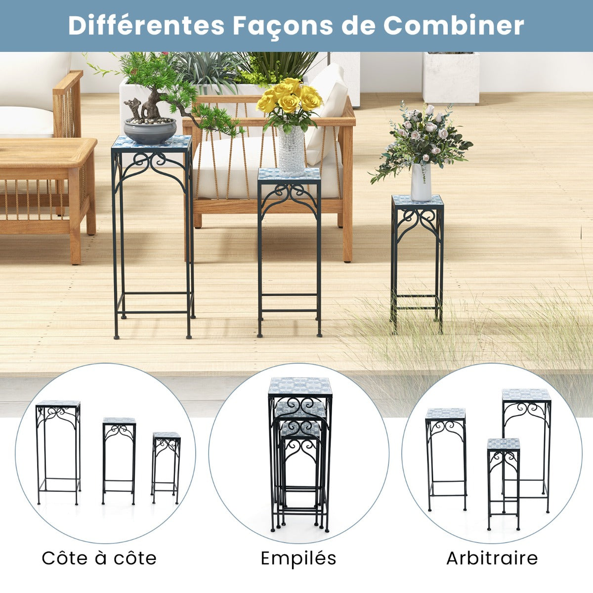 Metal Plant Stand Set of 3 with Mosaic Tile-Blue