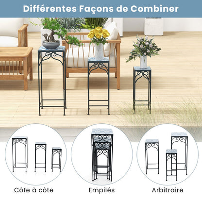 Metal Plant Stand Set of 3 with Mosaic Tile-Blue