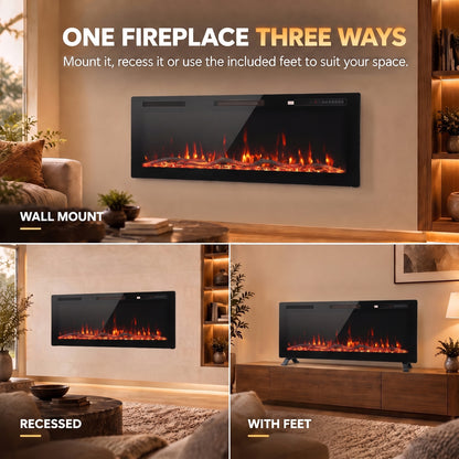 HOMCOM 3 IN 1 Slim Electric Fire, Wall Mounted/Recessed/Freestanding, Electric Fireplace with 12 Flame Colours, 5 Brightness