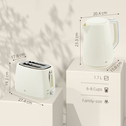 Zestaw HOMCOM z czajnikiem i tosterem, 1,7 l, 3000 W, czajnik z funkcją szybkiego gotowania i tosterem na 2 kromki, 7-stopniową regulacją opiekania, rozmrażaniem, podgrzewaniem, zabezpieczeniem przed gotowaniem na sucho, kremowo-biały