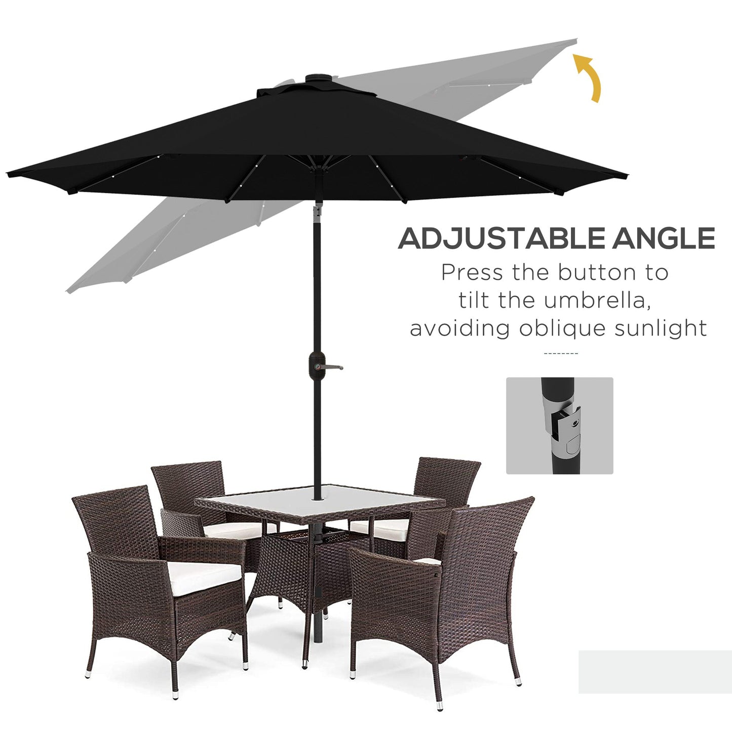 Outsunny 2.7m Outdoor Patio Garden Umbrella Parasol with Tilt Crank and 24 LEDs Lights, Black