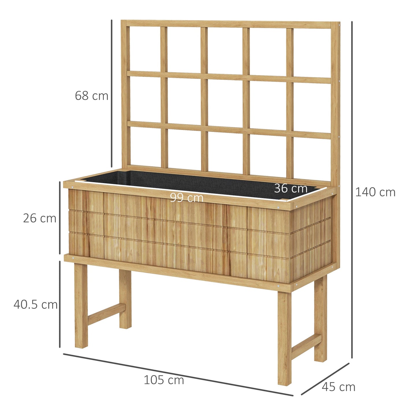 Outsunny Wooden Raised Planter With Trellis For Vine Climbing Plants Elevated Garden Bed With Drainage Holes And Liner For Vegetables, Fruit, Herbs - Natural