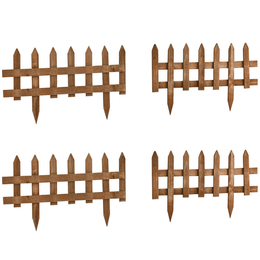 Outsunny Pack of 24 Wooden Border Fences, Garden Fixed Picket Fence for Lawn Edging, Flowerbed, 60L x 1D x 34H cm, Brown