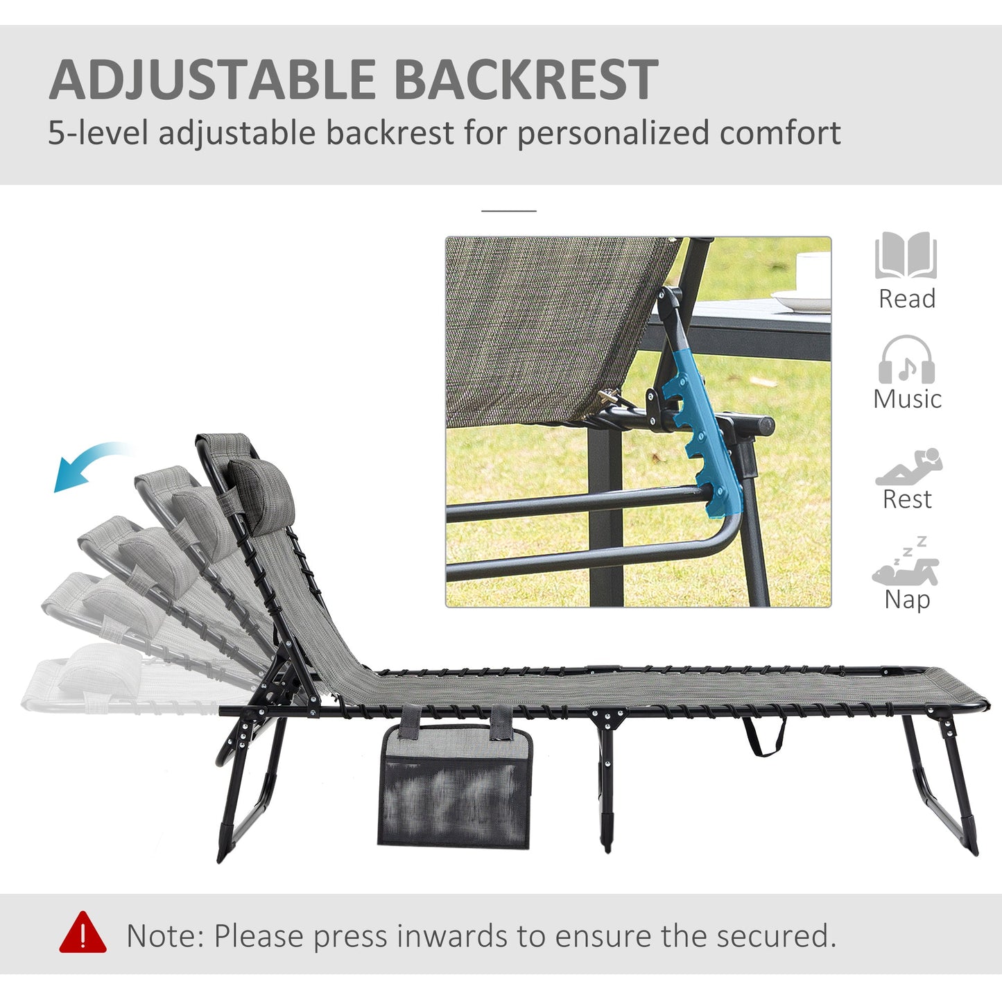 كرسي استرخاء محمول من Outsunny، سرير تخييم قابل للطي، كرسي استرخاء متكئ بمسند ظهر قابل للتعديل في 5 أوضاع مع جيب جانبي، وسادة للفناء والحديقة والشاطئ وحمام السباحة، رمادي مختلط