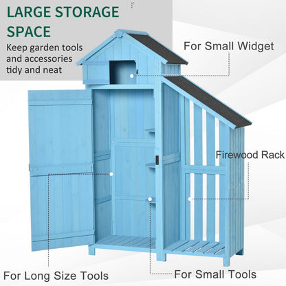 Outsunny Wooden Shed, Garden Storage Cabinet with Log Store, Waterproof Asphalt Roof and Lockable Door, Narrow Tool Organizer, 130 x 55 x 180 cm