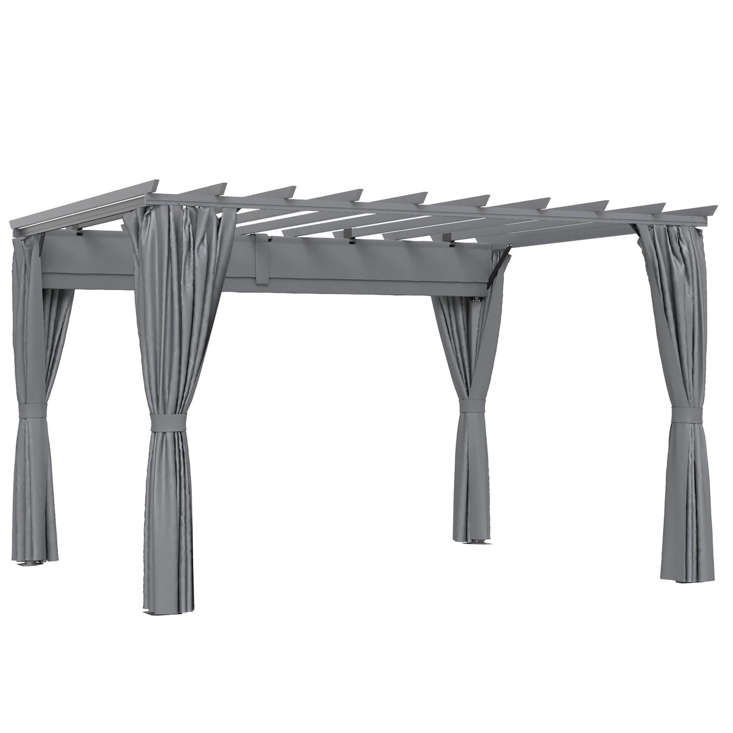 Outsunny 3.6 x 3(m) Outdoor Pergola with Retractable Roof and Curtains, Garden Gazebo Canopy Sun Shade Shelter with Aluminum Frame, Dark Grey
