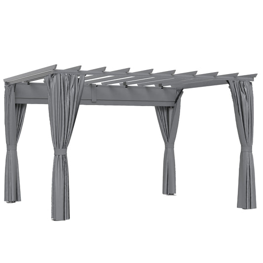 Outsunny 3.6 x 3(m) Outdoor Pergola with Retractable Roof and Curtains, Garden Gazebo Canopy Sun Shade Shelter with Aluminum Frame, Dark Grey