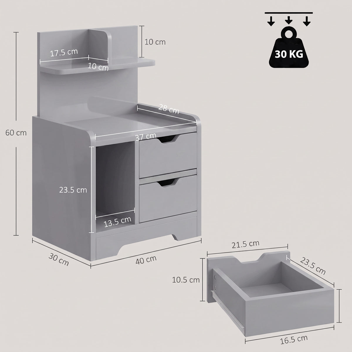 HOMCOM Bedside Table, Small Bedside Cabinet with 2 Drawers and Storage Shelves, Modern Nightstand for Bedroom, Grey